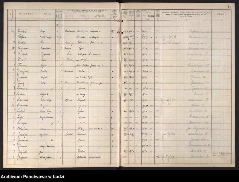 Obraz 17 z jednostki "Księga kontroli ruchu ludności (rejestr osób przybywających do gminy) Łódź, zespół III lit. H, I, J, L, Ł"