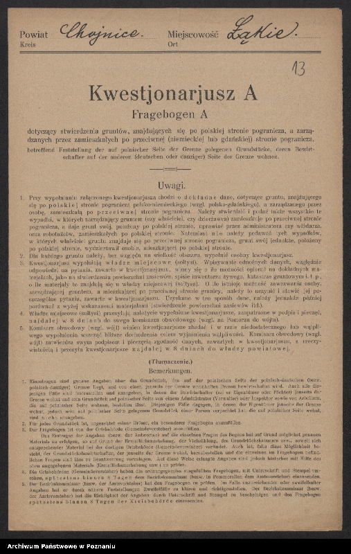 Obraz 12 z jednostki "[Kwestionariusze dotyczące stwierdzenia gruntów znajdujących się po polskiej stronie pogranicza a zarządzanych przez zamieszkałych po stronie niemieckiej] powiat chojnicki"