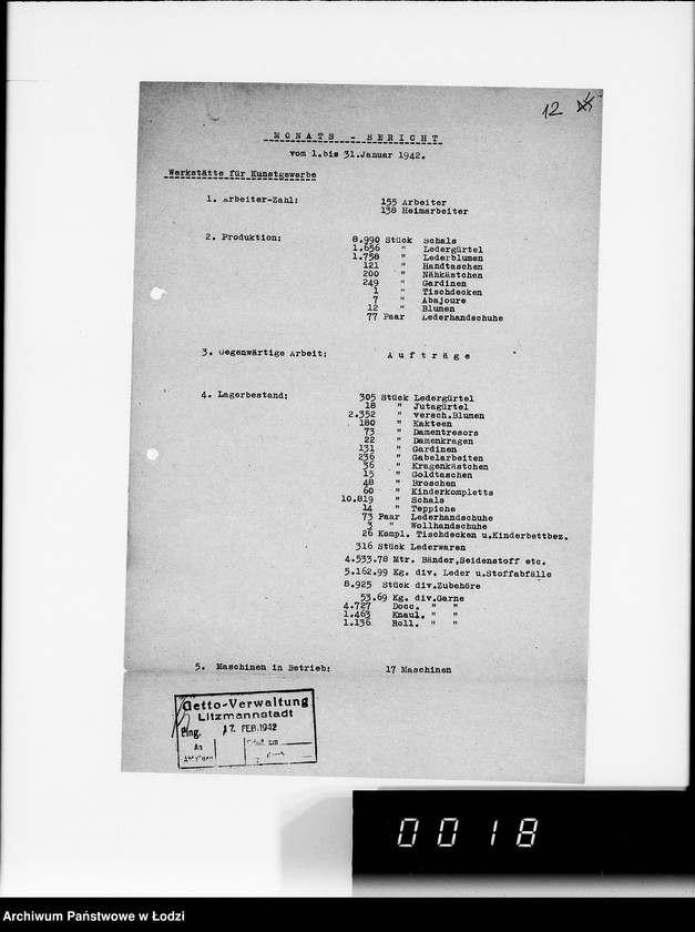 Obraz 16 z jednostki "Organisations im Getto. [Sprawozdania z działalności resortów i wydziałów administracji gettowej; produkcja, ruch ludności, sprawy policyjne]"