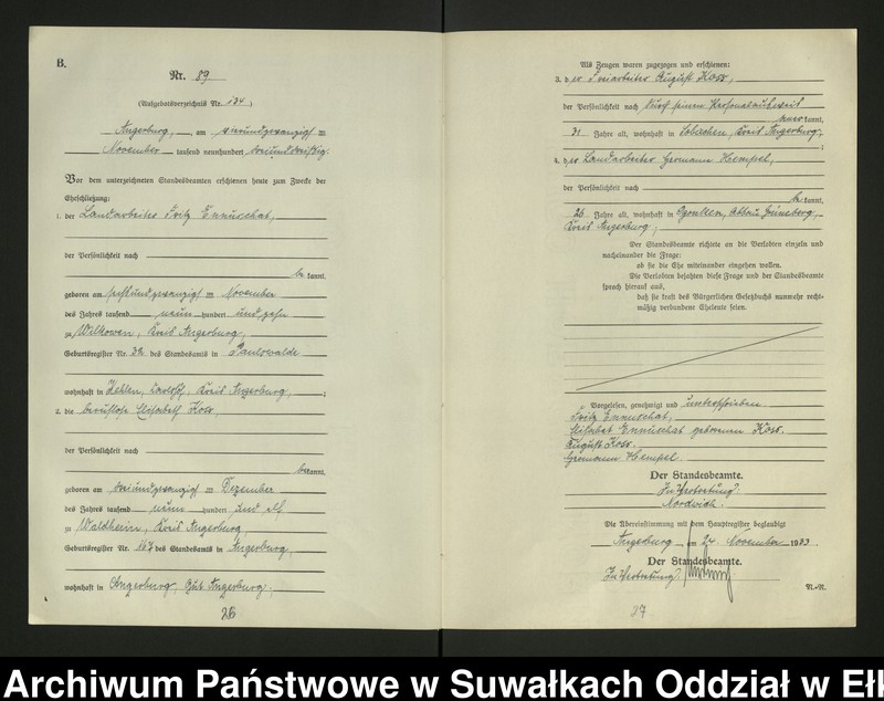 image.from.unit.number "B2. Heirats - Register (Neben - Register) Standesamt Angerburg Ostpr. einschl. der Standesamtsbezirk, Gross Strengeln, Kehlen und Prinowen"