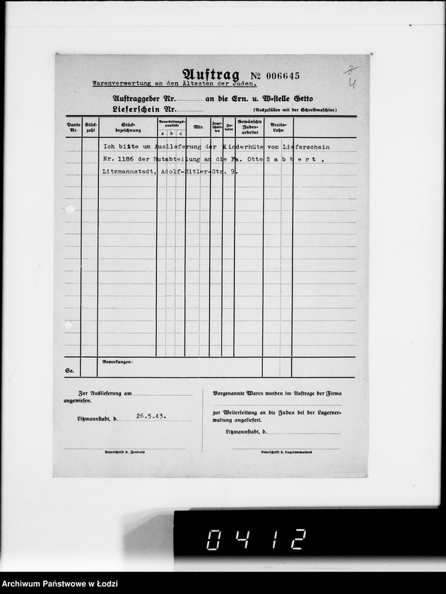 Obraz 8 z jednostki "Firma Otto Sabbert Litzmannstadt IV Warenverwertung an den Juden-Ältesten. Kinderhüte, Mützen"