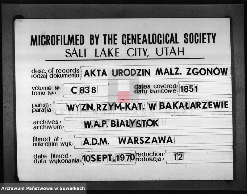 image.from.unit.number "Księga Duplikat służąca do zapisywania Aktów Urodzonych, Zaślubionych i Umarłych na rok 1851 Parafii Bakałarzewskiej"