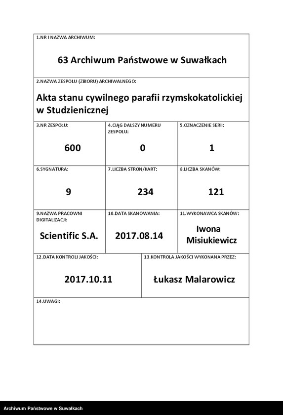 Obraz 1 z jednostki "[Księga akt małżeństw parafii rzymskokatolickiej w Studzienicznej z lat 1914-1924]"