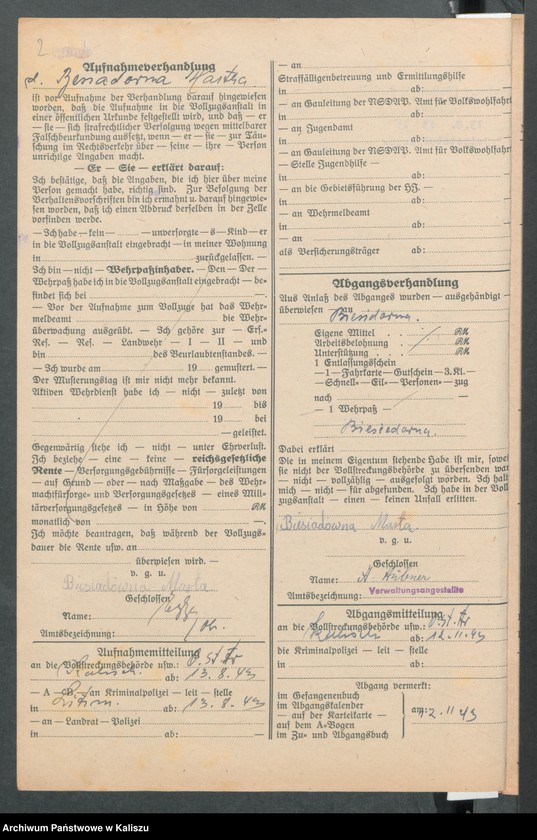 Obraz z jednostki "[Akta osobowe więźnia - Biesiada Marta, zam. Rychnów, pow. Kalisz]"