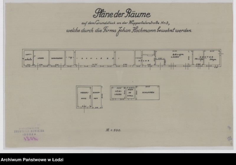 Obraz 1 z jednostki "Pläne der Räume auf dem Grundstück an der Wuppertalerstraße nr 3 welche durch die Firma Johan Hochmann bewohnt werden"