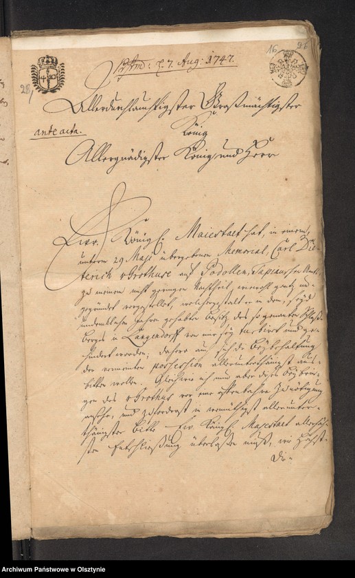 image.from.unit.number "In S. [Sachen] Carl Dieterich von Grothuß contra die verwittibte Tribunals=Vice=Praesidentin von Perbant wegen Umbpfügung und Besäung eines zu Podollen und Schalwen [Schallwen] gehörigen Stück Akers Garbnicken genannt"