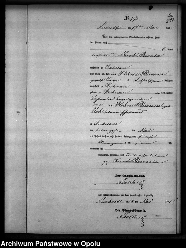 Obraz 20 z jednostki "Sterbe-Neben-Register Standesamts Kuhnau pro 1875"