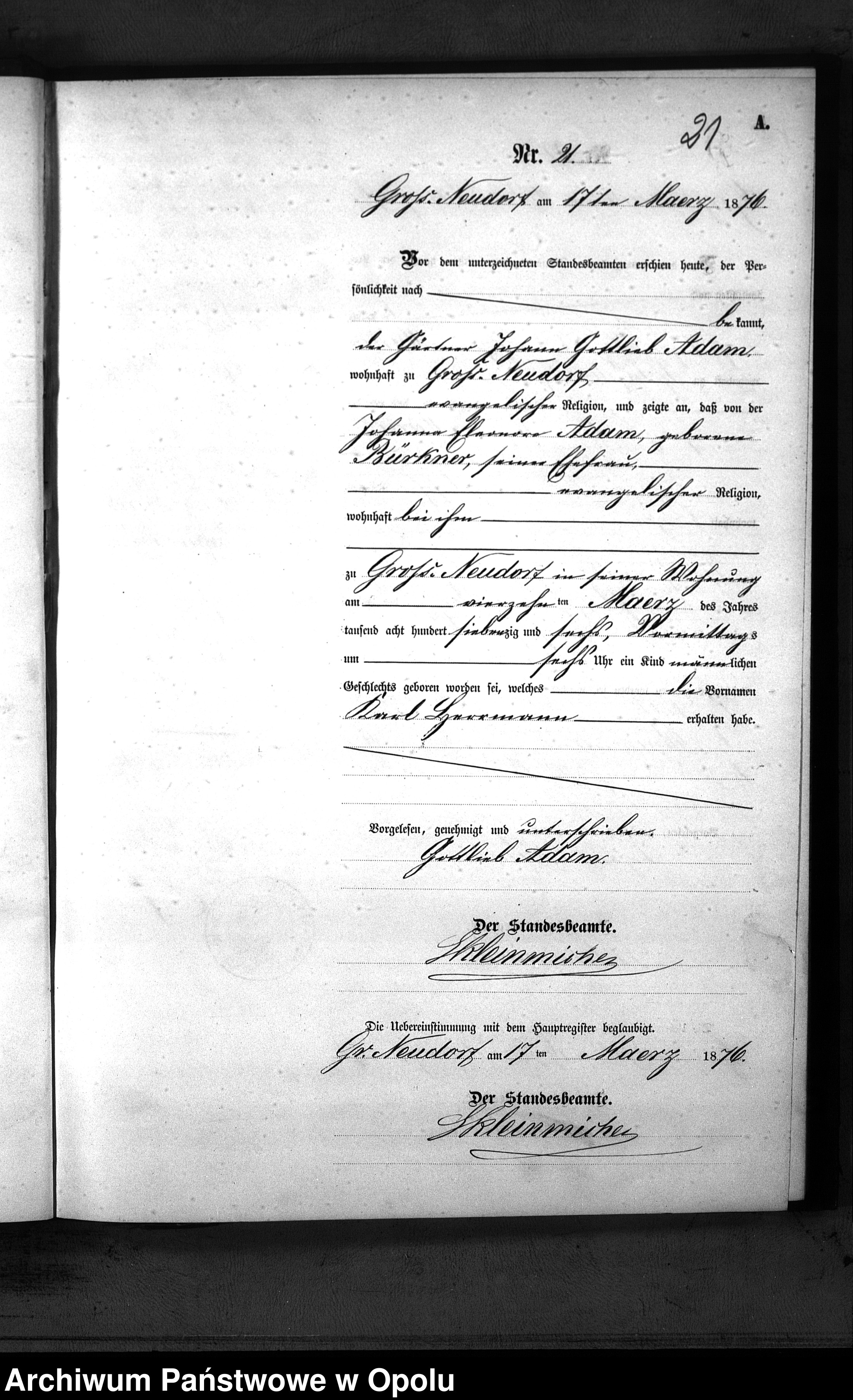 Skan z jednostki: Geburts-Neben-Register Standesamt Gross Neudorf 1876