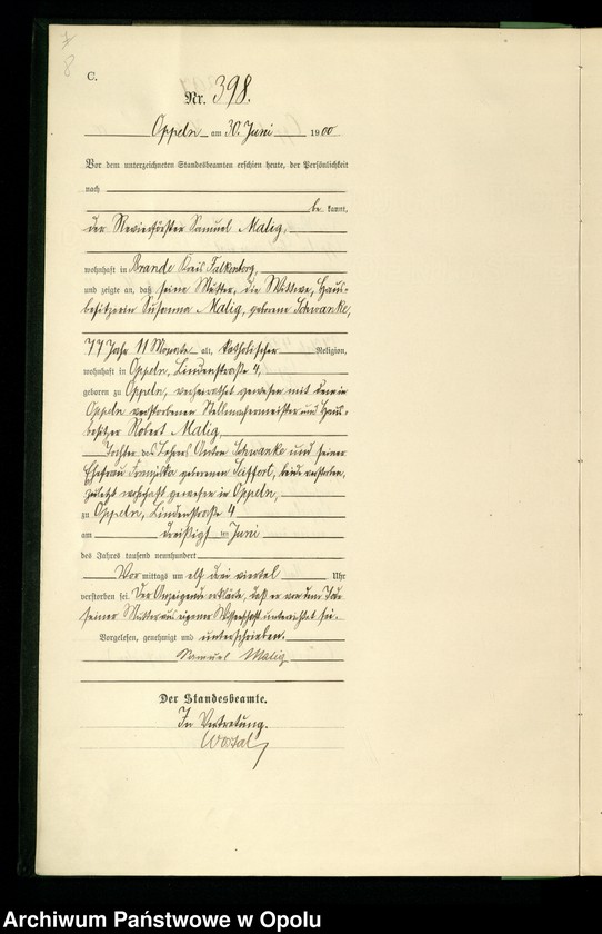 Obraz 11 z jednostki "Urząd Stanu Cywilnego w Opolu 1900 Rejestr zgonów Księga Miejscowa Nr 392 do 807"