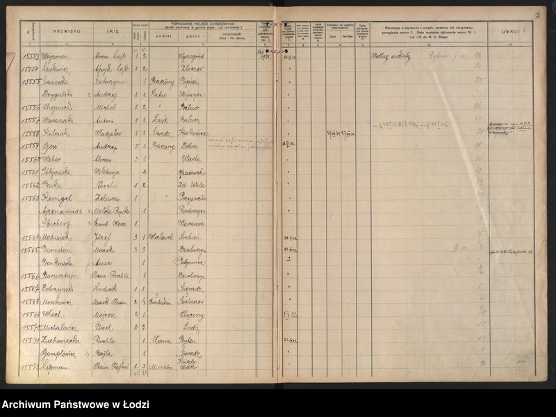 Obraz 7 z jednostki "Księga kontroli ruchu ludności (rejestr osób przybywających do gminy) Łódź, komisariat III, ks. VIII, nr 15533-17398"