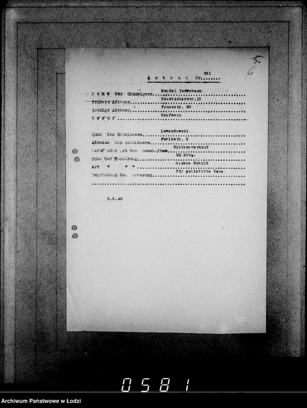 Obraz 10 z jednostki "J.361-375 [Wnioski Żydów z Getta o zwrot należności za pracę lub towar wzięty na kredyt]"