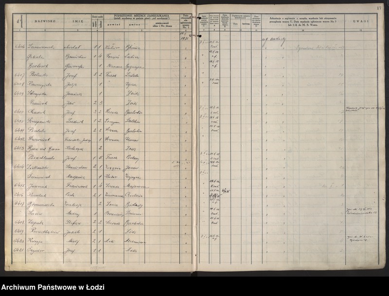 Obraz 20 z jednostki "Księga kontroli ruchu ludności (rejestr osób przybywających do gminy) Łódź, komisariat IV, ks. III, nr 6150-9390"