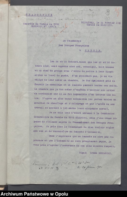 Obraz 12 z jednostki "Service du Genie-Casenement-Cantonnement  /Korespondencja i zarządzenia z zakresu rozlokowania wojska, przydziały koszar/ 4.02.- 10.09.1921"