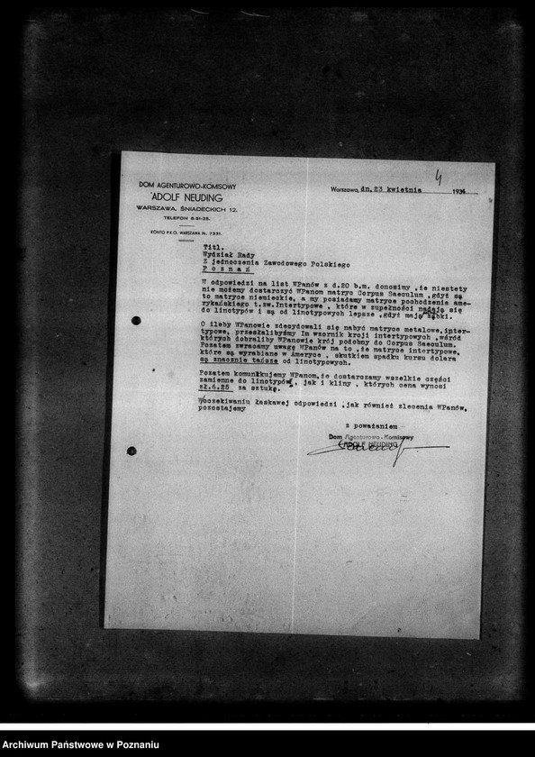 Obraz 8 z jednostki "Korespondencja z firmami: Tadeusz Drozdowski i Spółka z ograniczoną odpowiedzialnością oraz Dom Agentowo-Komisowy Adolf Neuding w sprawi maszyn i części linotypowych"