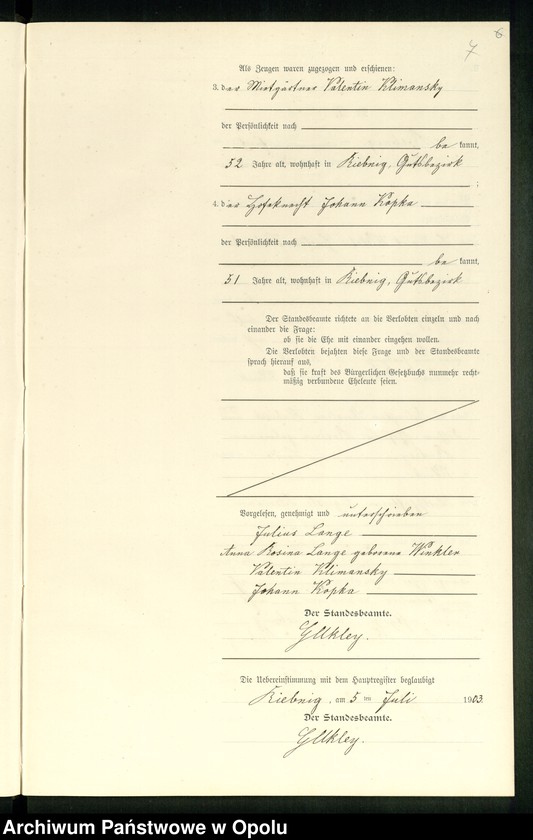 Obraz 10 z jednostki "Heiraths-Neben-Register Standes-Amt Riebnig 1903"