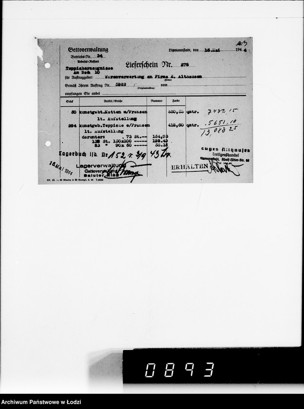 Obraz 7 z jednostki "Auftrag 592 Warenverwertung von den Judenältesten für Eugen Althausen Litzmannstadt"