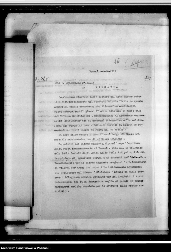 Obraz 20 z jednostki "Stowarzyszenie "Polonia- Italia" w Poznaniu: a/ dokumenty dotyczące założenia Towarzystwa /statut i inne/, b/ sprawozdania roczne z działalności i protokoły zebrań, c/ korespondencja różna, d/ listy członków, e/ druki, afisze"