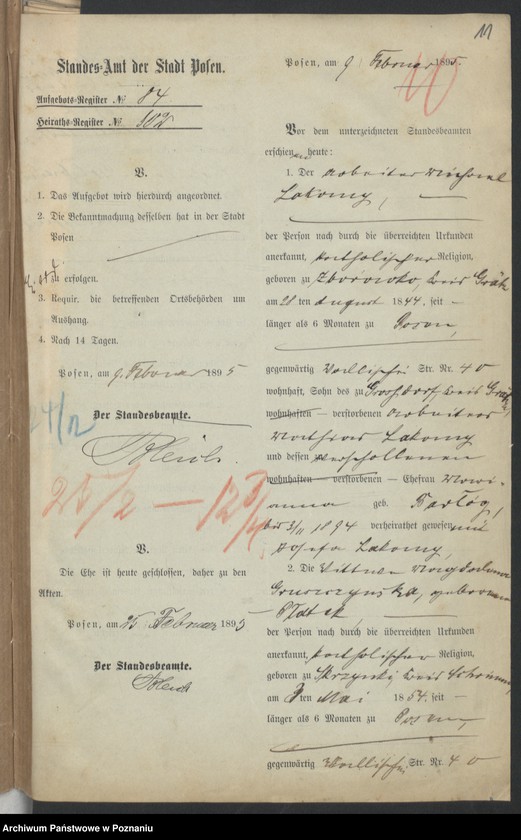 Obraz 13 z jednostki "Die von den Verlobten beigebrachten Urkunden zur Eheschliessung pro 1895"