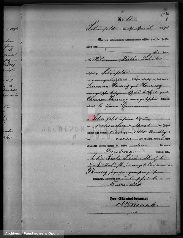 image.from.unit.number "Geburts-Haupt-Register Standesamts Schönfeld pro 1876"