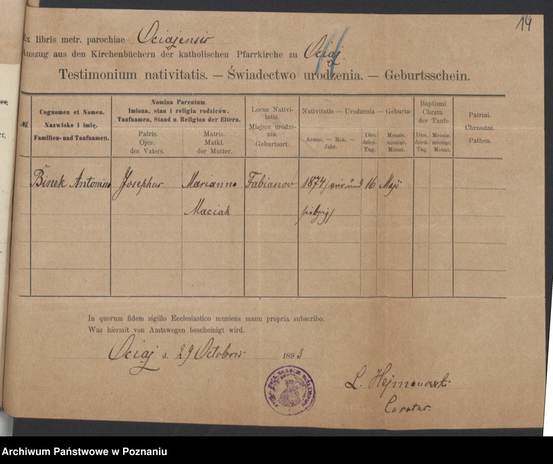 Obraz 17 z jednostki "Die von den Verlobten beigebrachten Urkunden zur Eheschliessung pro 1895"