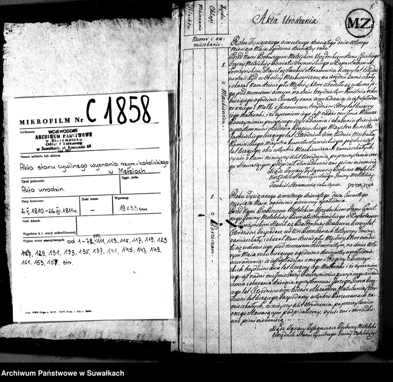 image.from.unit.number "Akta Urodzenia Urzędnika Stanu Cywilnego Gminy Metelskiey Powiatu Seyneńskiego Departamentu Łomżyńskiego od 1-go Maia Tysiąc osiemnastego dziesiątego Roku aż do 1-go Stycznia Roku Tysiąc osimset dwunastego"