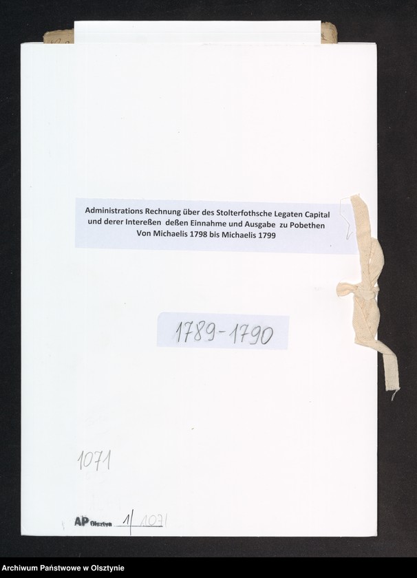 image.from.unit.number "Administrations Rechnung über des Stolterfothsche Legaten Capital und derer Intereßen deßen Einnahme und Ausgabe zu Pobethen von Michaelis 1798 bis Michaelis 1799"