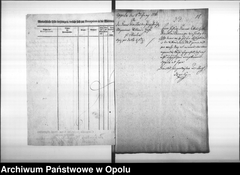 Obraz 17 z jednostki "Acta des Magistrats zu Oppeln von den Wittwen Verpflegungs Anstalten, Beitritt der Officianten, und dissfälligen Verhandlungen und jährlichen Eingaben. de Anno 1776 bis Vol. I"