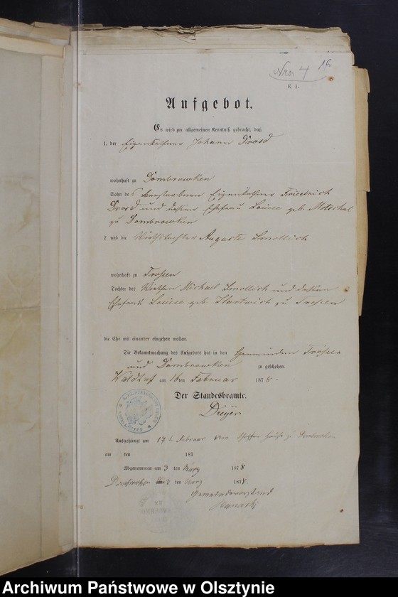 Obraz 18 z jednostki "Die zum Zwecke der Eheschlissung nothwendigen Schriftstück"