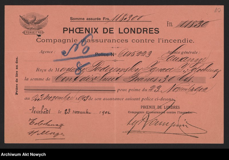 image.from.unit.number "Europejskie towarzystwa ubezpieczeniowe. Polisy, przekazy, zestawienia, korespondencja"