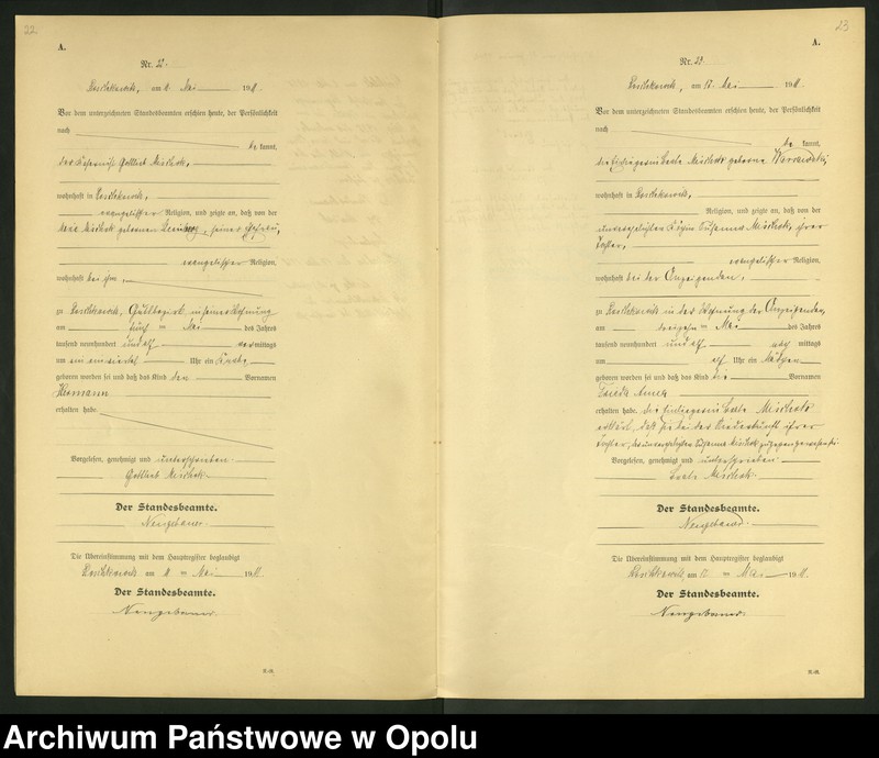 Obraz 14 z jednostki "Geburts-Register (Neben-Register) Standesamt Roschkowitz 1911 No.1 bis 49"
