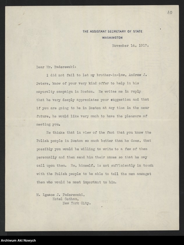 image.from.unit.number "Stosunek Stanów Zjednoczonych A.P. do sprawy niepodległości Polski. Memoriały. Korespondencja. Wycinki prasowe"