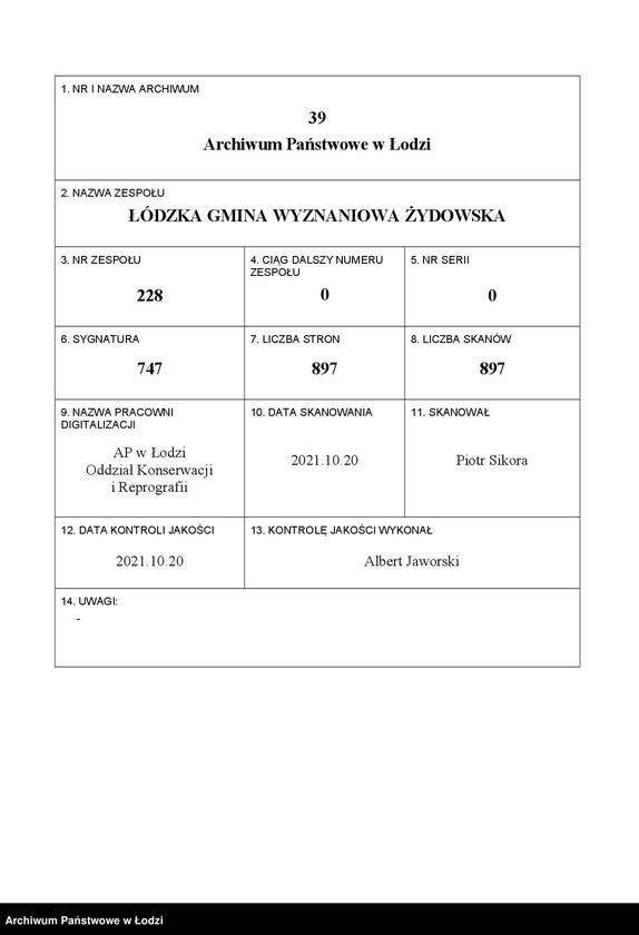 Obraz 1 z jednostki "Kartoteka osób pochowanych na cmentarzu żydowskim przy ulicy Brackiej w latach 1892-1957. Nazwiska na litery: Wd-Wis"