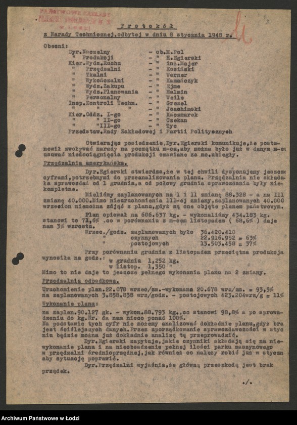 Obraz 8 z jednostki "Państwowe Zakłady Przemysłu Bawełnianego nr 2; protokoły z narad technicznych, raporty dzienne z wykonania produkcji, [meldunki o zarobkach]"