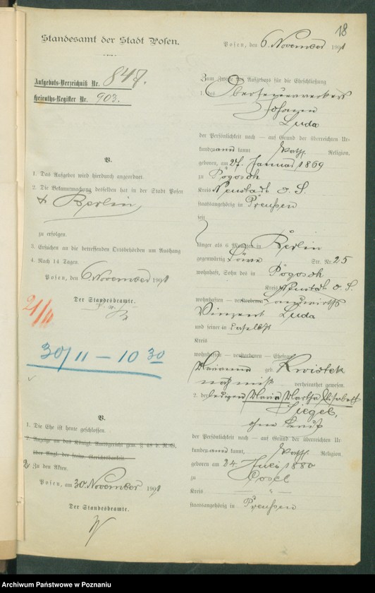 Obraz 20 z jednostki "[Dokumenty dostarczone przez narzeczonych do zawarcia związku małżeńskiego za 1901 rok. Tom XIX]"