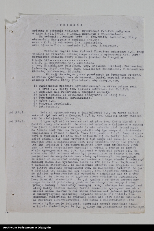 image.from.unit.number "Protokoły zebrań wyborczych i walnych zebrań członków /1951/, posiedzeń plenarnych ,egzekutywy, narad aktywu partyjnego, sprawozdania, ankiety sprawozdawcze /1949-1954/ Komitetu Gminnego PZPR"