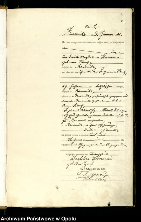 Obraz z jednostki "Sterbe-Haupt-Register Standesamts Bauerwitz pro 1901"