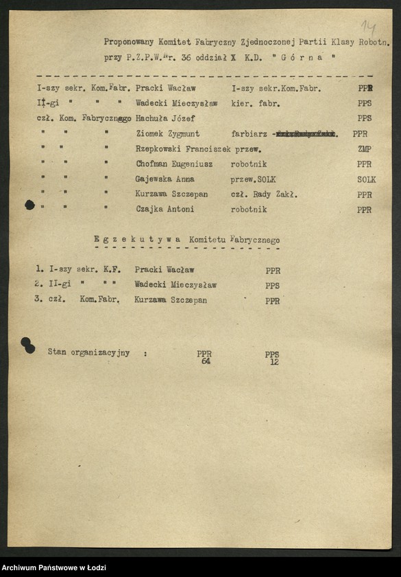 Obraz 15 z jednostki "Proponowane składy komitetów zakładowych [przed zjednoczeniem PPR i PPS]"