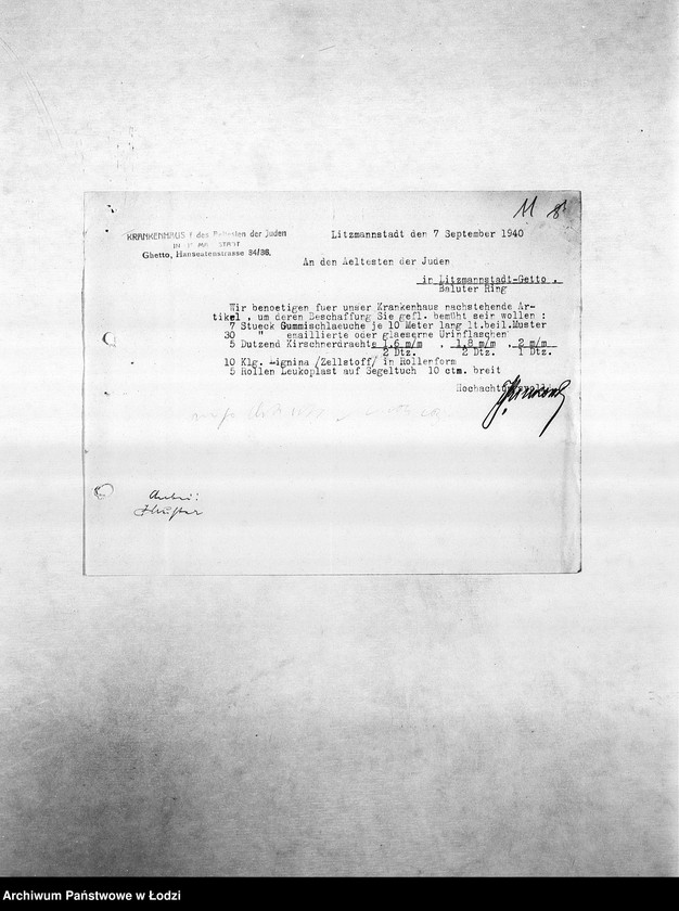 Obraz 14 z jednostki "Bedarfsmeldungen [Kopie skierowanych do Getto Verwaltung (Zarządu Getta) zapotrzebowań na surowce, materiały, narzędzia, maszyny itp. potrzebne resortom pracy do produkcji]"