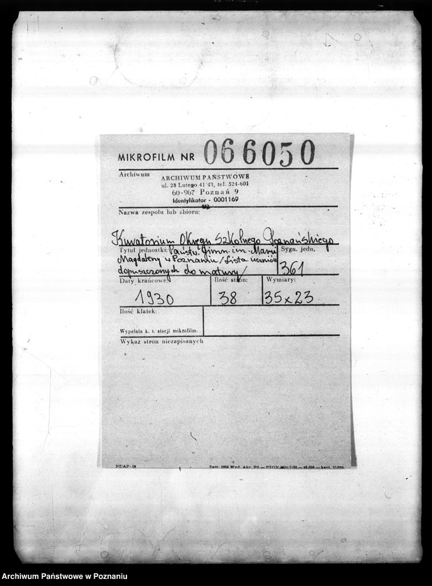 Obraz 2 z jednostki "Państwowe Gimnazjum imienia Marii Magdaleny w Poznaniu [lista uczniów dopuszczonych do matury]"