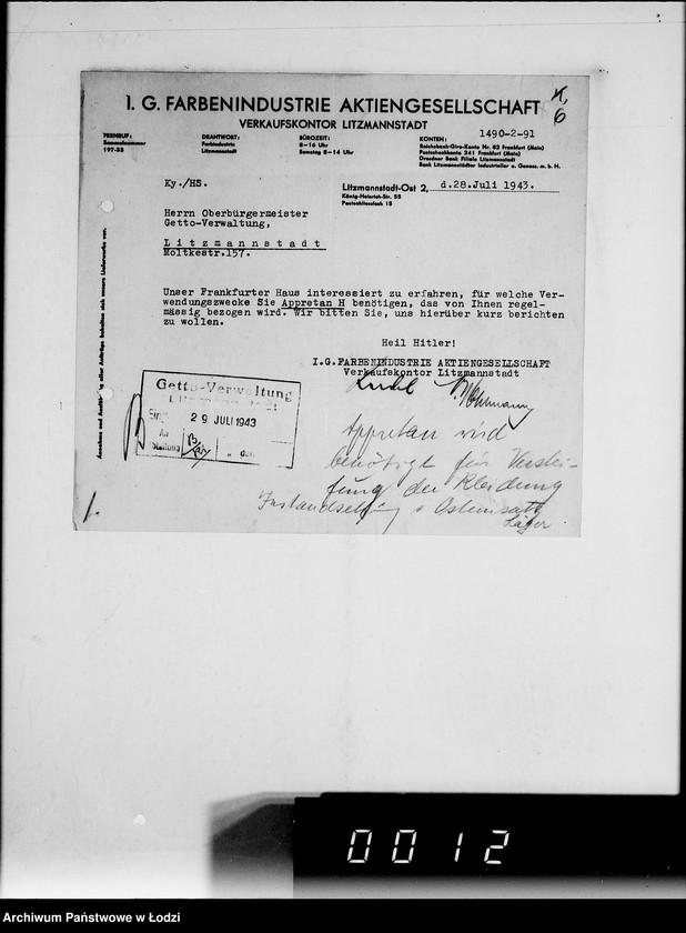 Obraz 10 z jednostki "[Korespondencja firm niemieckich oferujących dostawę środków chemicznych, farb, maszyn wiertniczych, tokarek i innych urządzeń oraz wapna dla zakładów produkcyjnych w Getcie].I-J-K."