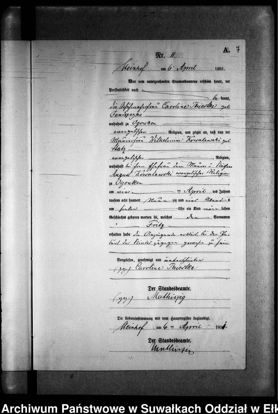 image.from.unit.number "Geburts-Neben-Register des Preussischen Standes-Amtes Gr. Strengeln Kreis Angerburg"