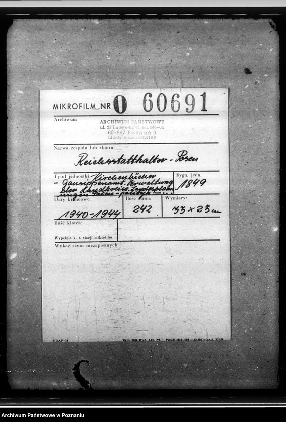 Obraz 2 z jednostki "Kirchenbücher - Gausippenamt. Verwaltung der Landkreise. Landesplannungen. Polenpolitik. Todesursachenbezeichnung. Leuchtpetroleum."