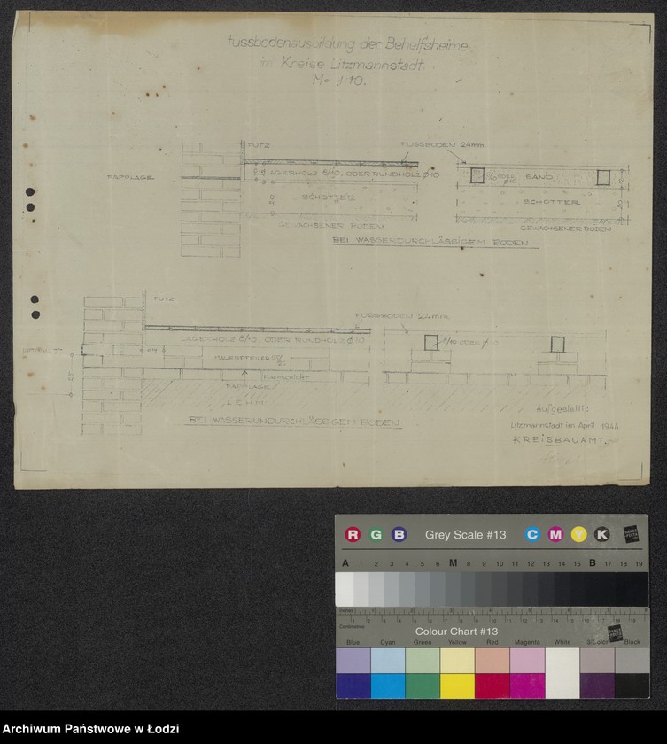 Obraz 1 z jednostki "Zeichnung für ein Behelfsheim im Kreise Litzmannstadt. Zeichnung für ein Doppelhaus der Behelfsheime. Fussbodenausbildung der"