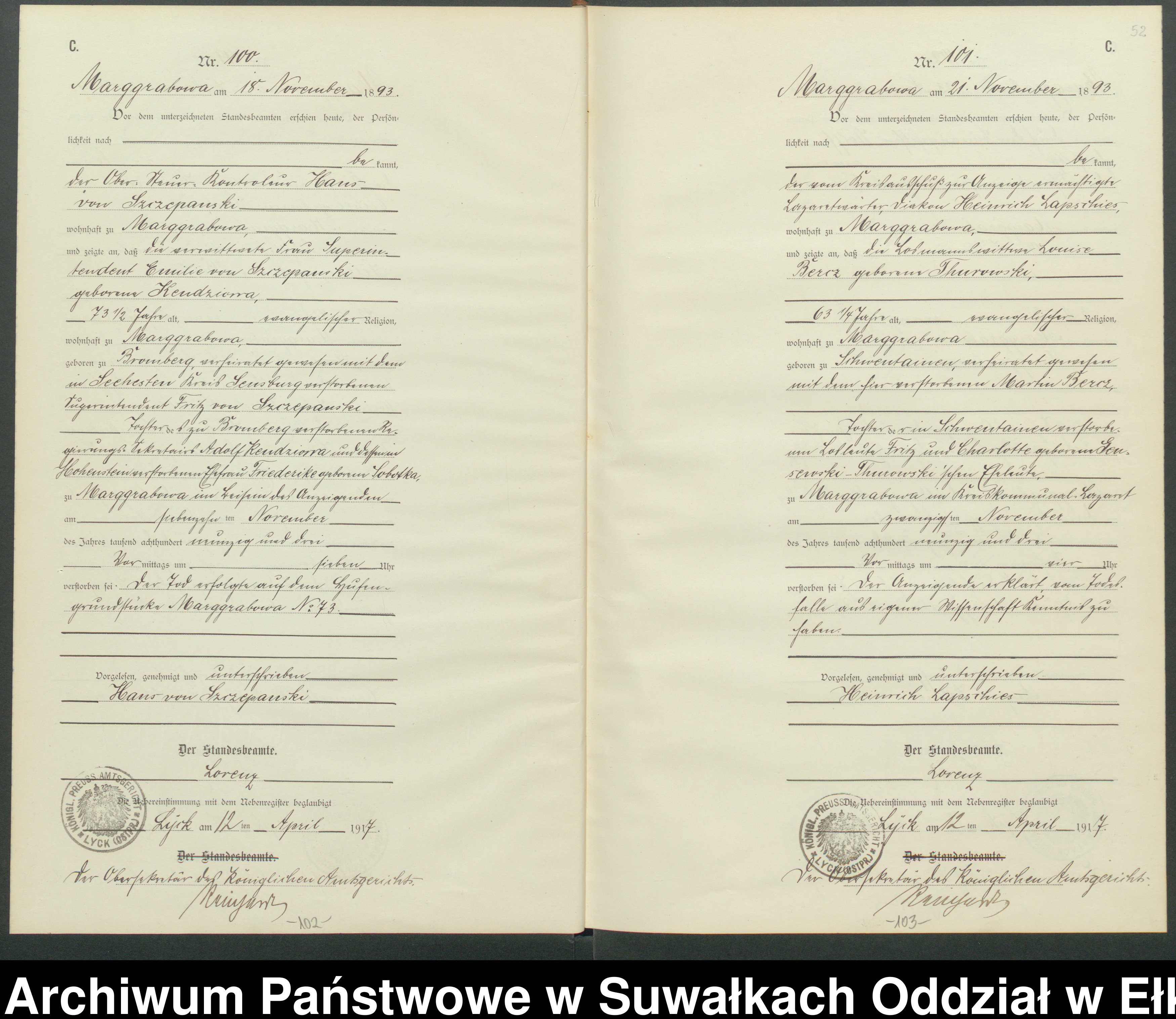 Skan z jednostki: C1.Sterbe-Register [Haupt-Register] Standesamt Stadtgemeinde Marggrabowa Kreis Oletzko No.1 bis.116