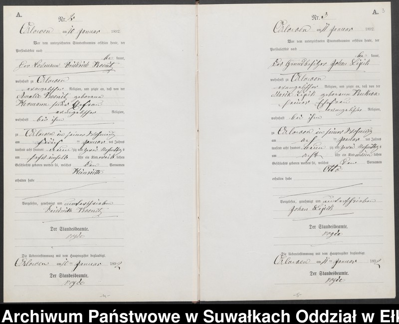 image.from.unit.number "Geburts-Neben-Register des Preussischen Standes-Amtes Orlowen Kreis Loetzen für das Jahr 1892"