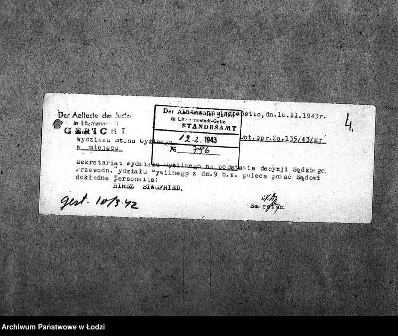 Obraz 7 z jednostki "[Korespondencja z Sądem w sprawach danych personalnych ludności getta (zmarłej)]"