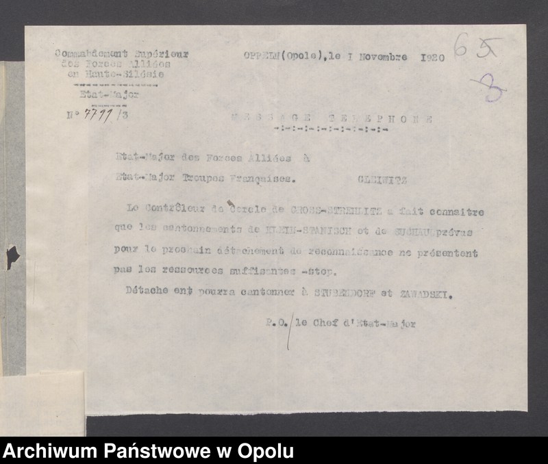 Obraz 8 z jednostki "Sorties /Korespondencja własna wychodząca, pisma, zarządzenia, potwierdzenia telefoniczne, instrukcje, sprawozdania/ 1.11.1920-31.01.1921"