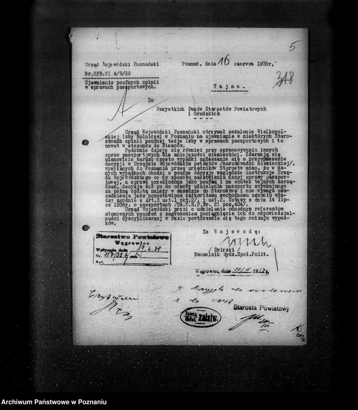 Obraz 9 z jednostki "/Udzielanie paszportów, znaki poufne na paszportach- zarządzenia tajne generalia/"