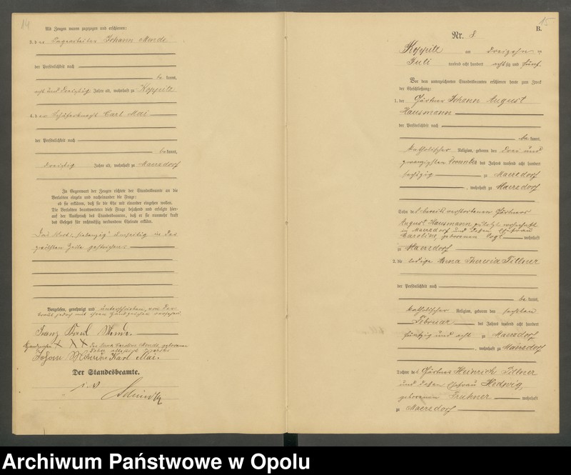 Obraz 10 z jednostki "Heiraths-Haupt-Register Standesamts Koppitz pro 1885"