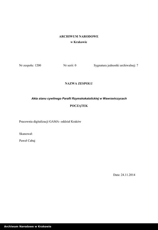 image.from.unit.number "Księga Aktów Stanu Cywilnego parafii Wawrzeńczyce, powiatu hebdowskiego, gminy szkalmbierskiej, departamentu krakowskiego, na rok 1816."